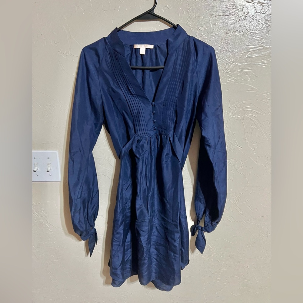 Rebecca Taylor Silk Cotton Navy Blue Long Sleeve Tie Belt Mini Dress‎ 0